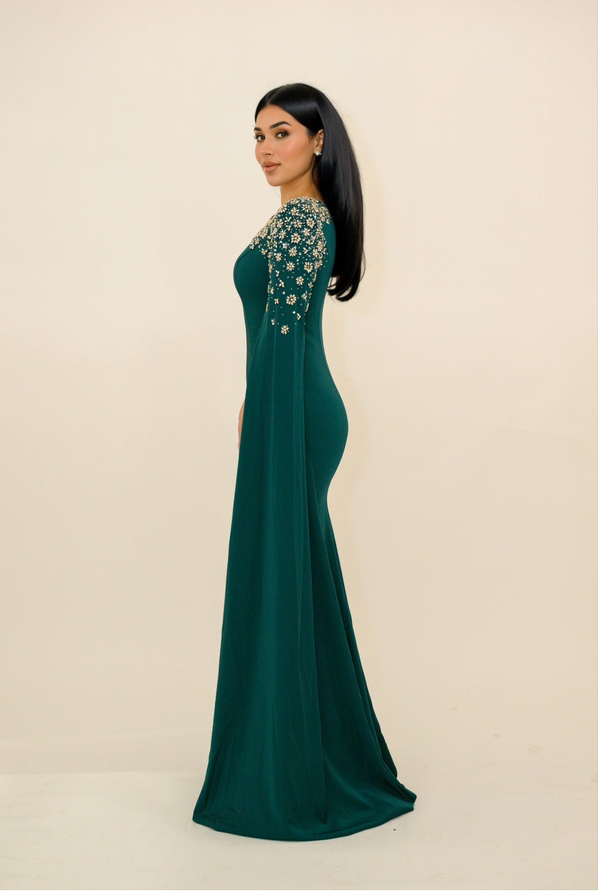 The Reenah Drape crepe sleeve with flower design Evening Gown