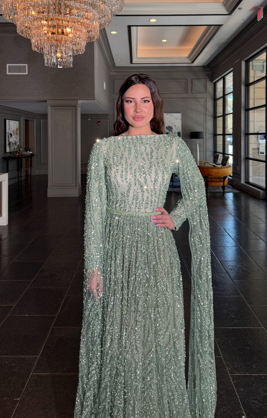 Nilah Modest A-Line Embellished Cape Sleeve Dress