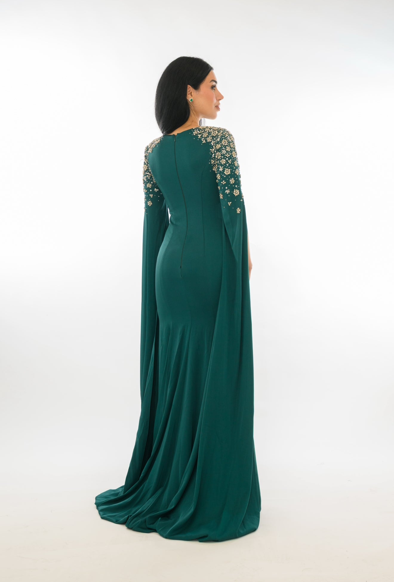 The Reenah Drape crepe sleeve with flower design Evening Gown