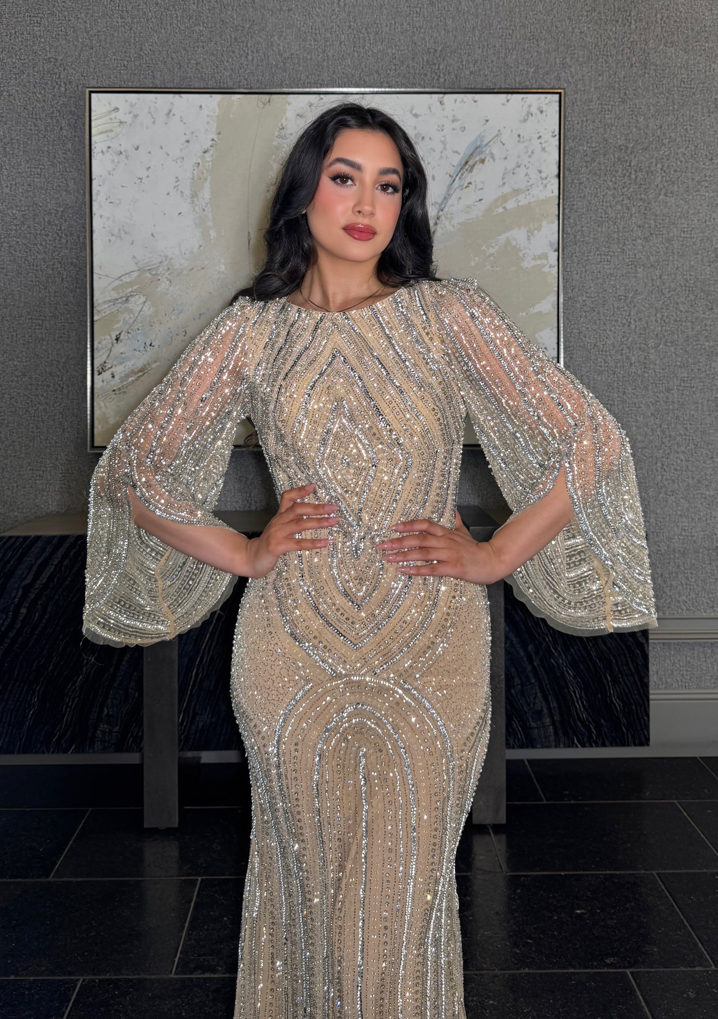 Anisa Modest Long Flare Wrist Sleeve Beaded Mermaid Gown