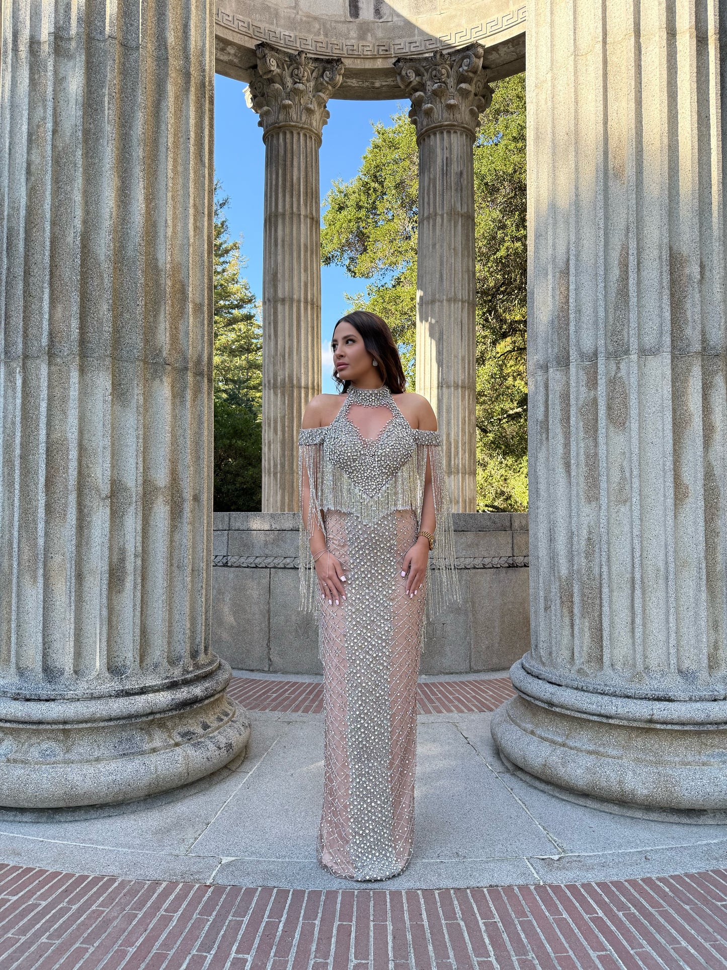 The Amna off Soulder Chocker crystal Tassel Gown