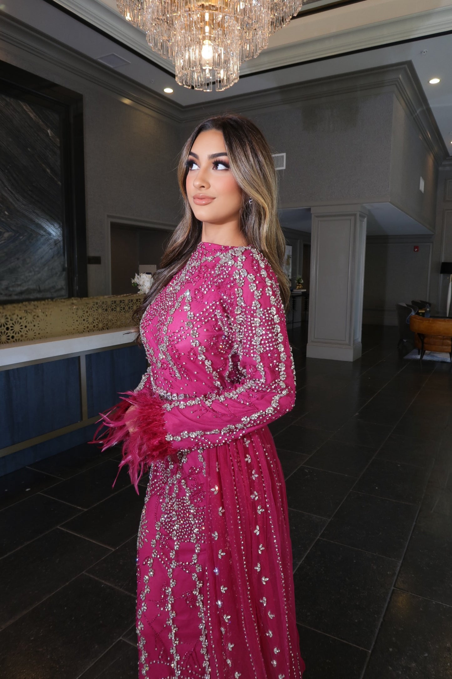 The Farida Fuchsia Gown with Feather Cuffs and Side Skirt