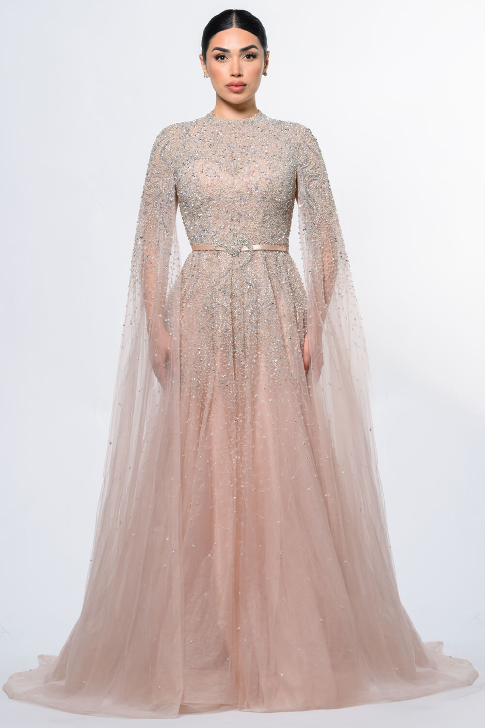long sleeve modest dresses Noor Modest Long Drape Sleeves Beaded A-line Gown – Iyza Belaar
