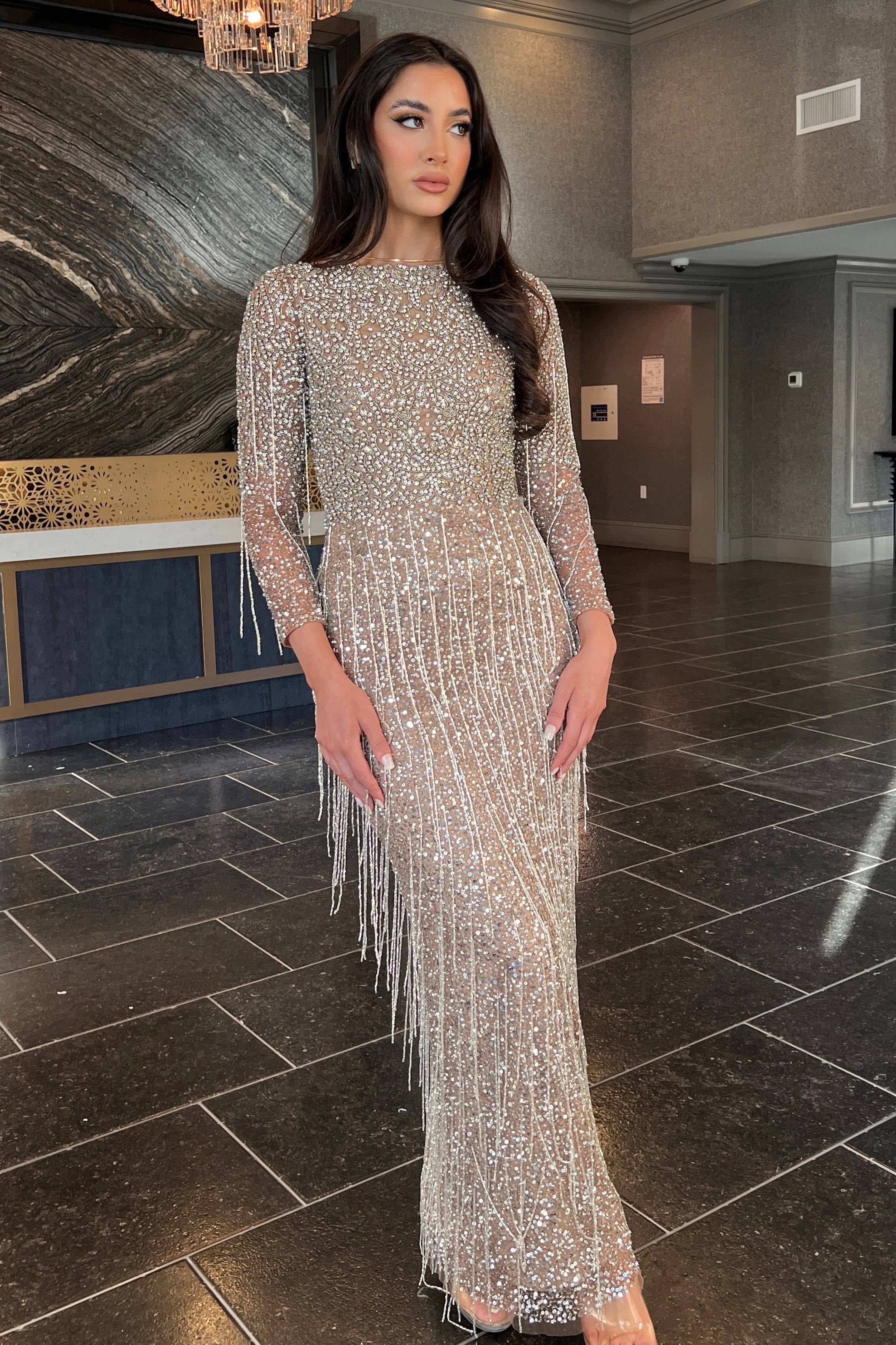 beaded maxi dress long sleeve Mac Duggal Women's High Neck Blouson Sleeve Sequin Gown