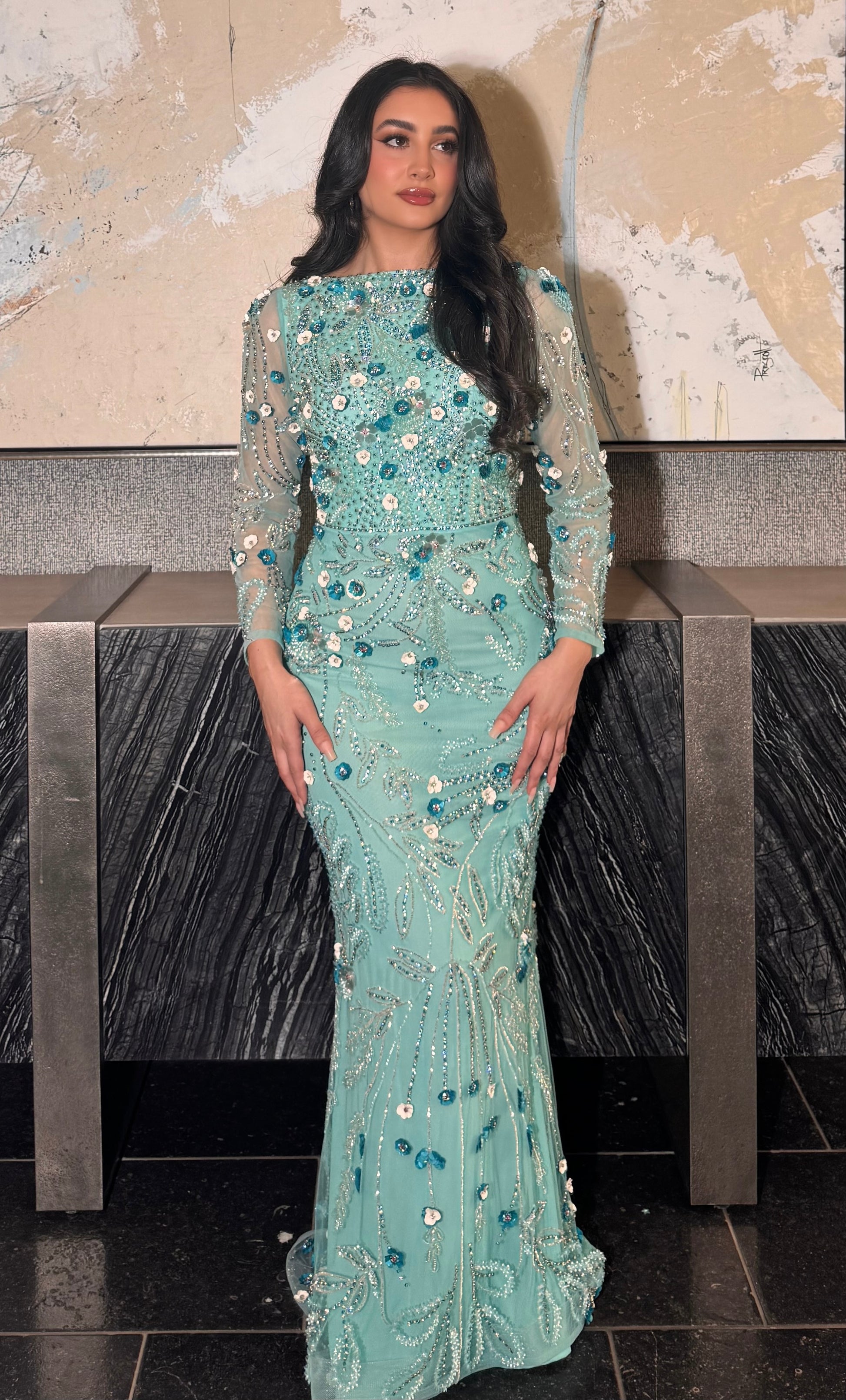 Raihana Long Sleeve High Neck Floral Sequin Embellished Modest Evening Iyza Belaar Raihana Long Sleeve High Neck Floral Sequin Embellished Modest Evening Iyza Belaar