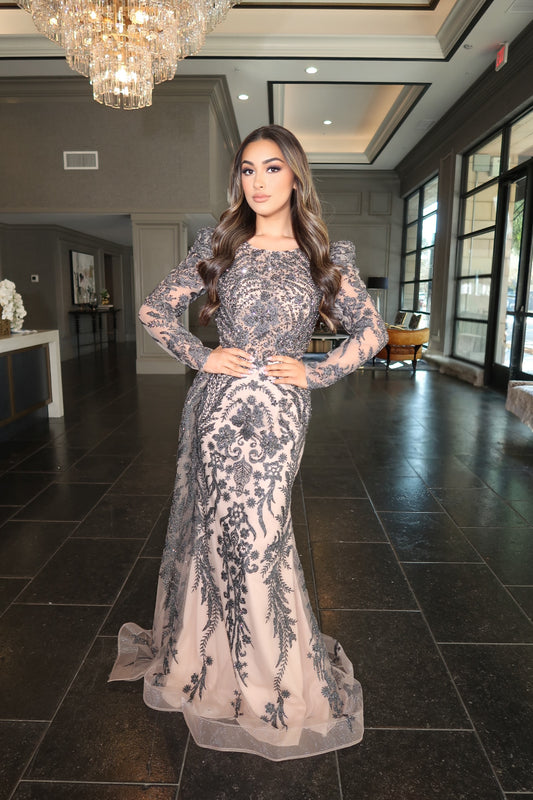 The Madinah Lace Black Nude Dress with Side Skirt