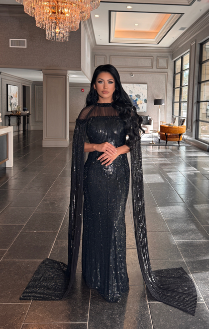 Hosna Long Sleeve drape Sequin Embellished Modest Dress