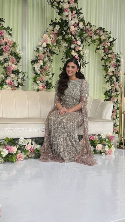 Aleya Drape Cape Sleeve Beaded Dress