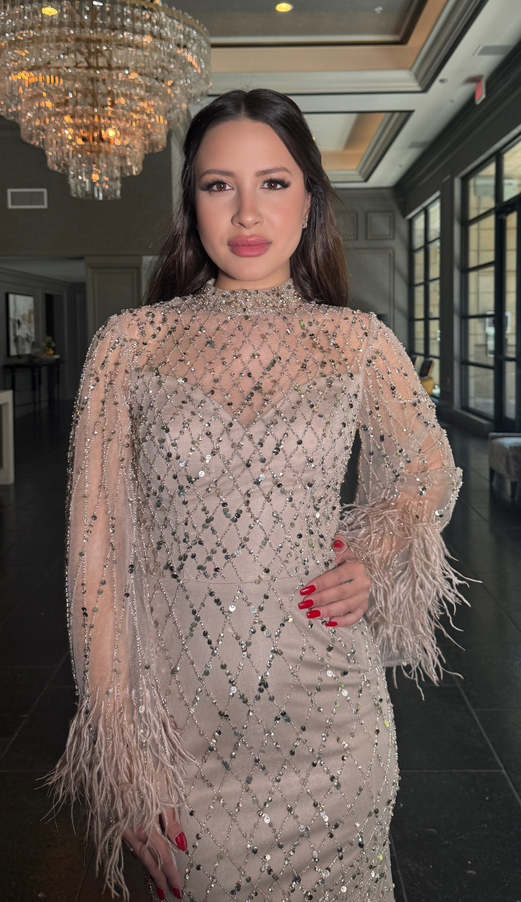 long sleeve feather dress Hasina Modest Neckline Flare Long Sleeve Embellished Feather Dress Iyza Belaar