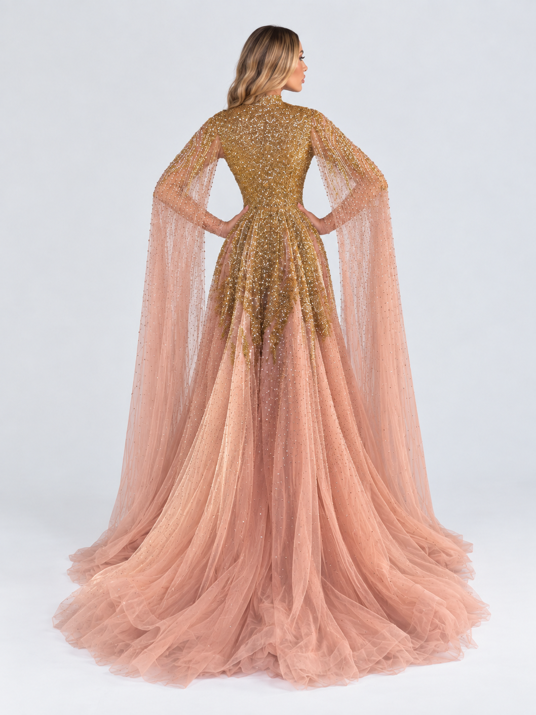 Arwa Modest Long Drape Sleeves Beaded A-line Gown