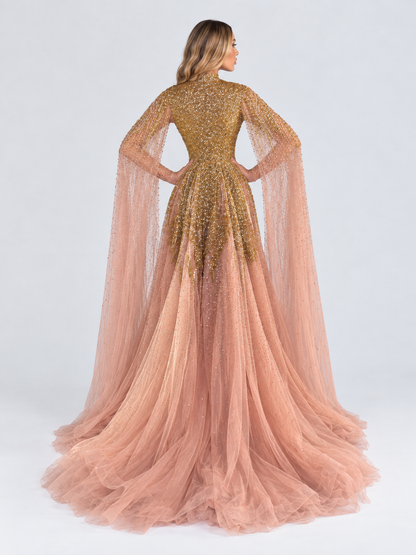 Arwa Modest Long Drape Sleeves Beaded A-line Gown