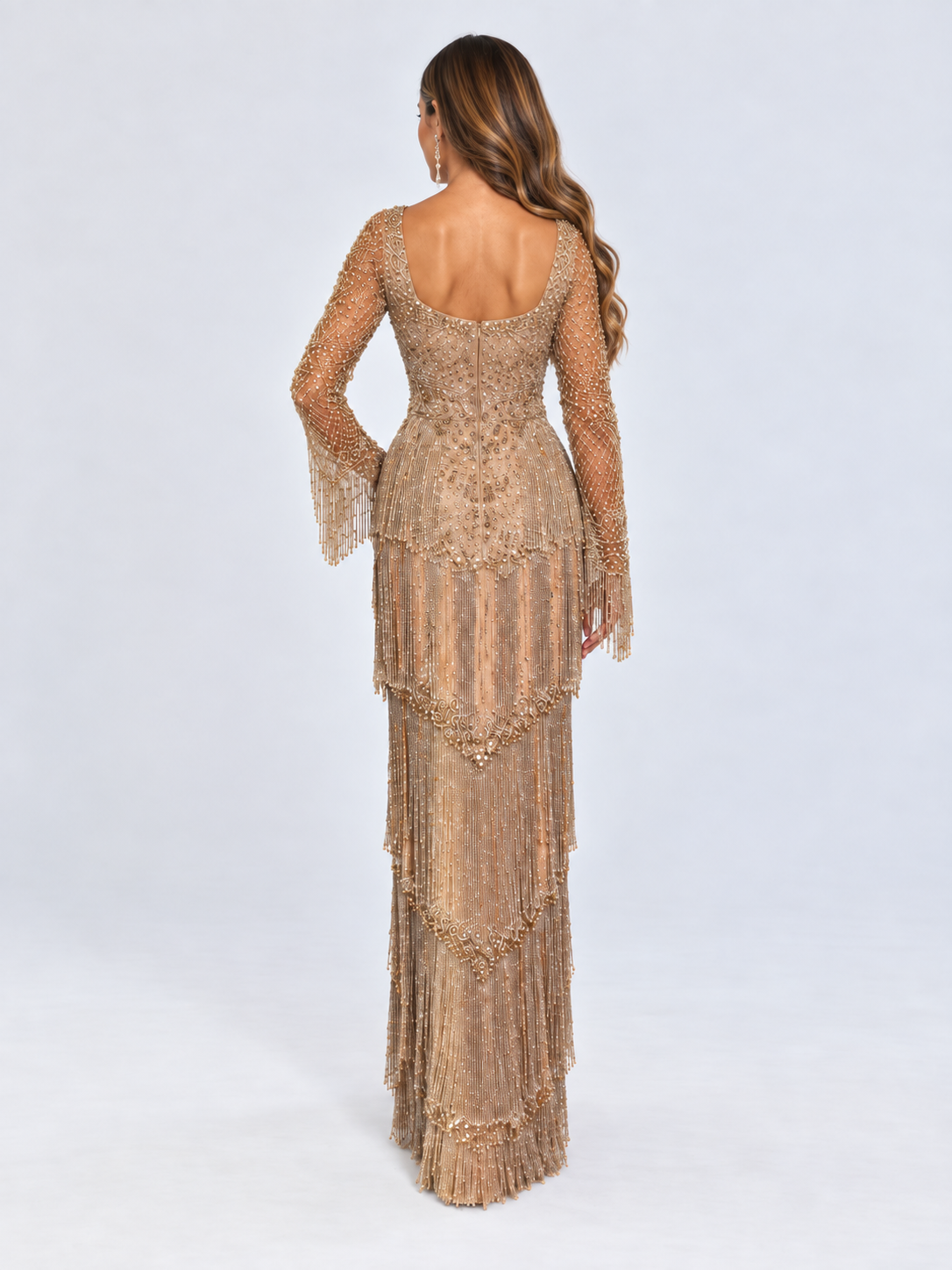 Aurelia Nude-Toned Embellished Gown with Long Sleeves, Crystal and Beaded Fringe