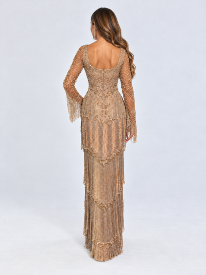 Aurelia Nude-Toned Embellished Gown with Long Sleeves, Crystal and Beaded Fringe