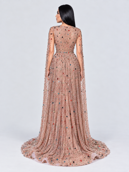 Ayah Multi Color Embellished Cape Sleeve A-Line Beaded Modest Gown