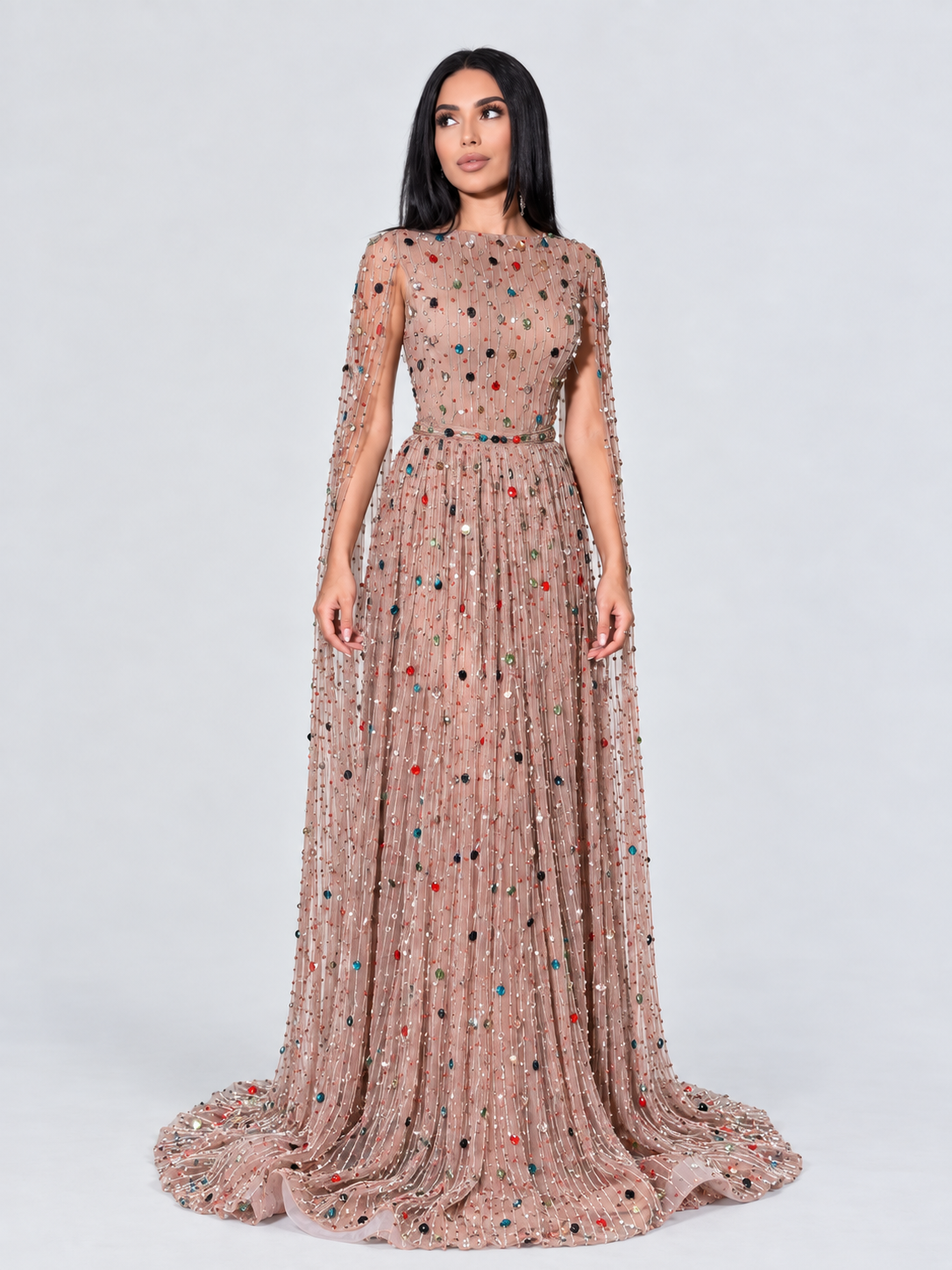 Ayah Multi Color Embellished Cape Sleeve A-Line Beaded Modest Gown