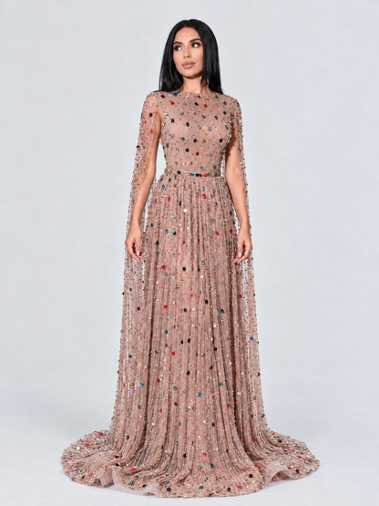 Ayah Multi Color Embellished Cape Sleeve A-Line Beaded Modest Gown