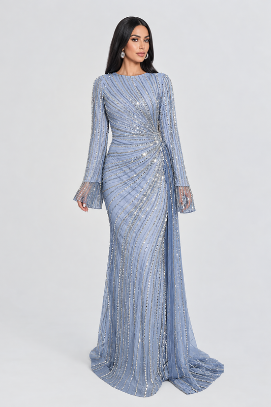 Abira Sequin Modest Neckline Long Sleeve Embellished Dress With Side Skirt