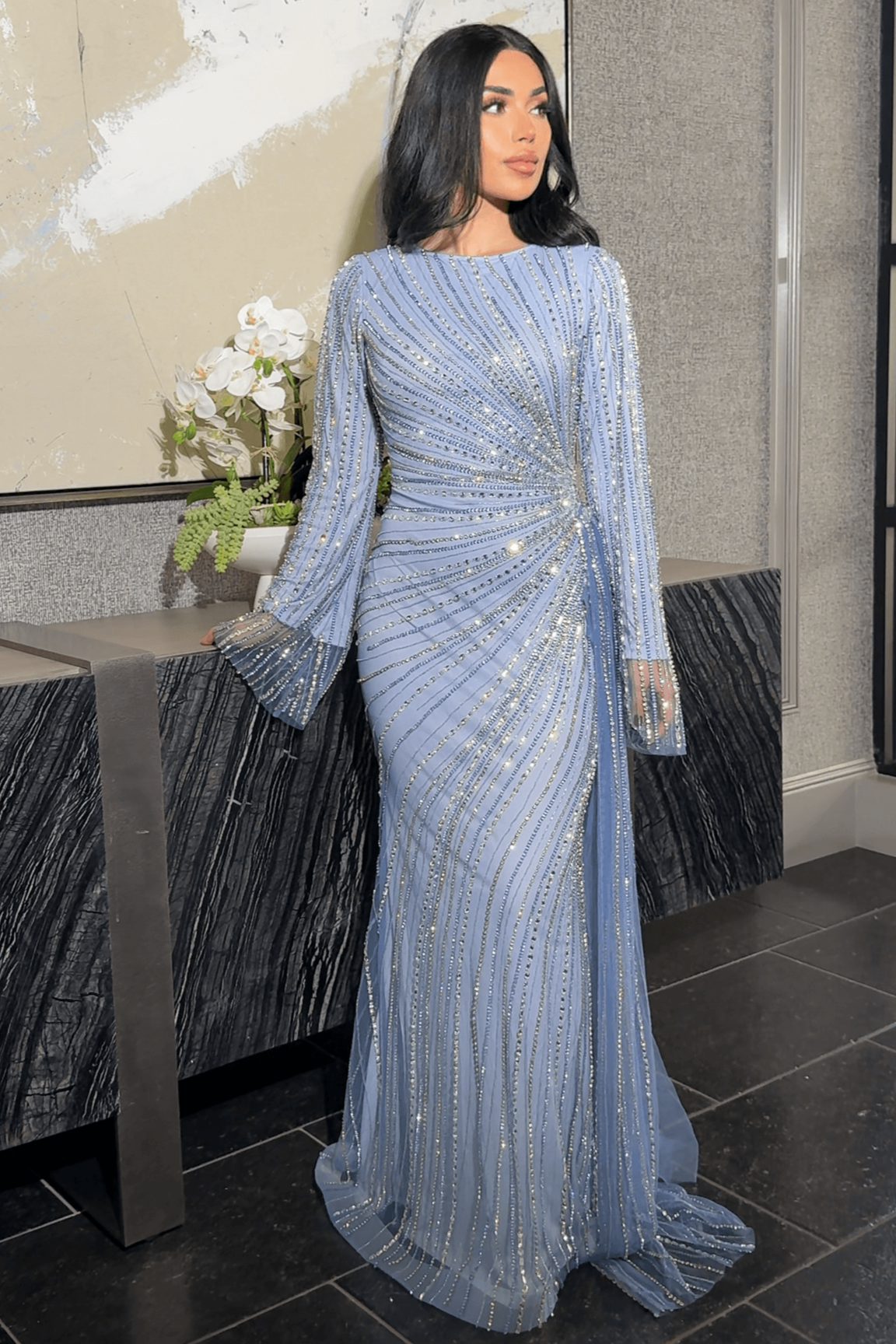 Abira Sequin Modest Neckline Long Sleeve Embellished Dress With Side S –  Iyza Belaar
