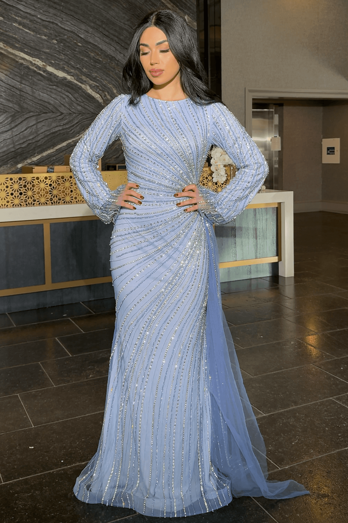 Abira Sequin Modest Neckline Long Sleeve Embellished Dress With Side S Abira Sequin Modest Neckline Long Sleeve Embellished Dress With Side S