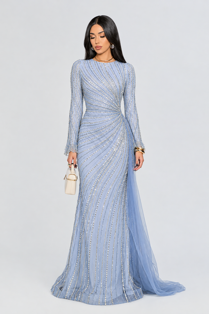 Abira Sequin Modest Neckline Long Sleeve Embellished Dress With Side Skirt