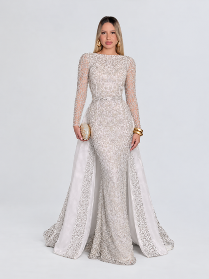 Aleena Bridal Embellished Pearl Crystal Beaded Gown With Detachable Overskirt