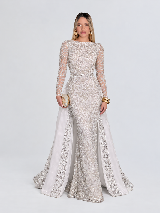 Aleena Bridal Embellished Pearl Crystal Beaded Gown With Detachable Overskirt
