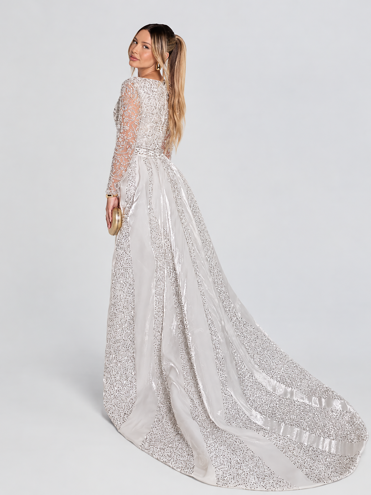 Aleena Bridal Embellished Pearl Crystal Beaded Gown With Detachable Overskirt