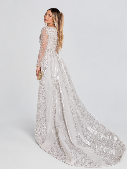 Aleena Bridal Embellished Pearl Crystal Beaded Gown With Detachable Overskirt