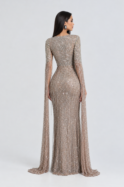Aleya Drape Cape Sleeve Beaded Dress