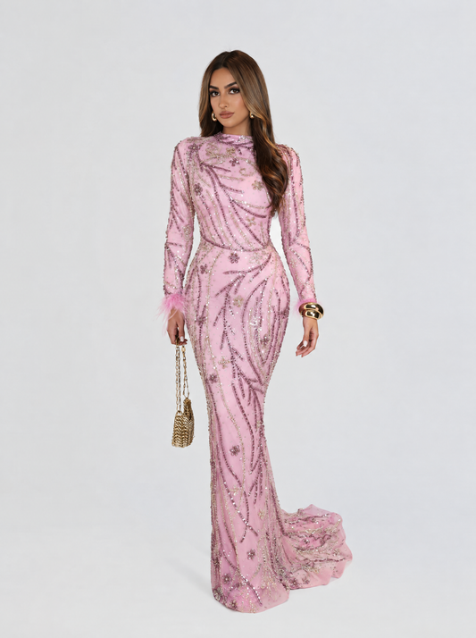 The Ameena Modest Neckline Long Sleeve Embelished Dress With Wrist feathers