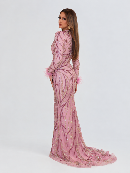 The Ameena Modest Neckline Long Sleeve Embelished Dress With Wrist feathers