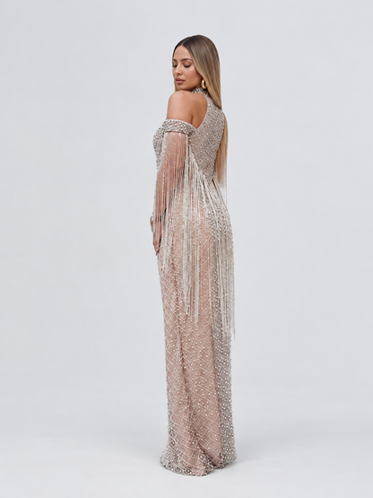 The Amna off Shoulder Chocker crystal Tassel Gown