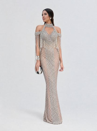 The Amna off Shoulder Chocker crystal Tassel Gown
