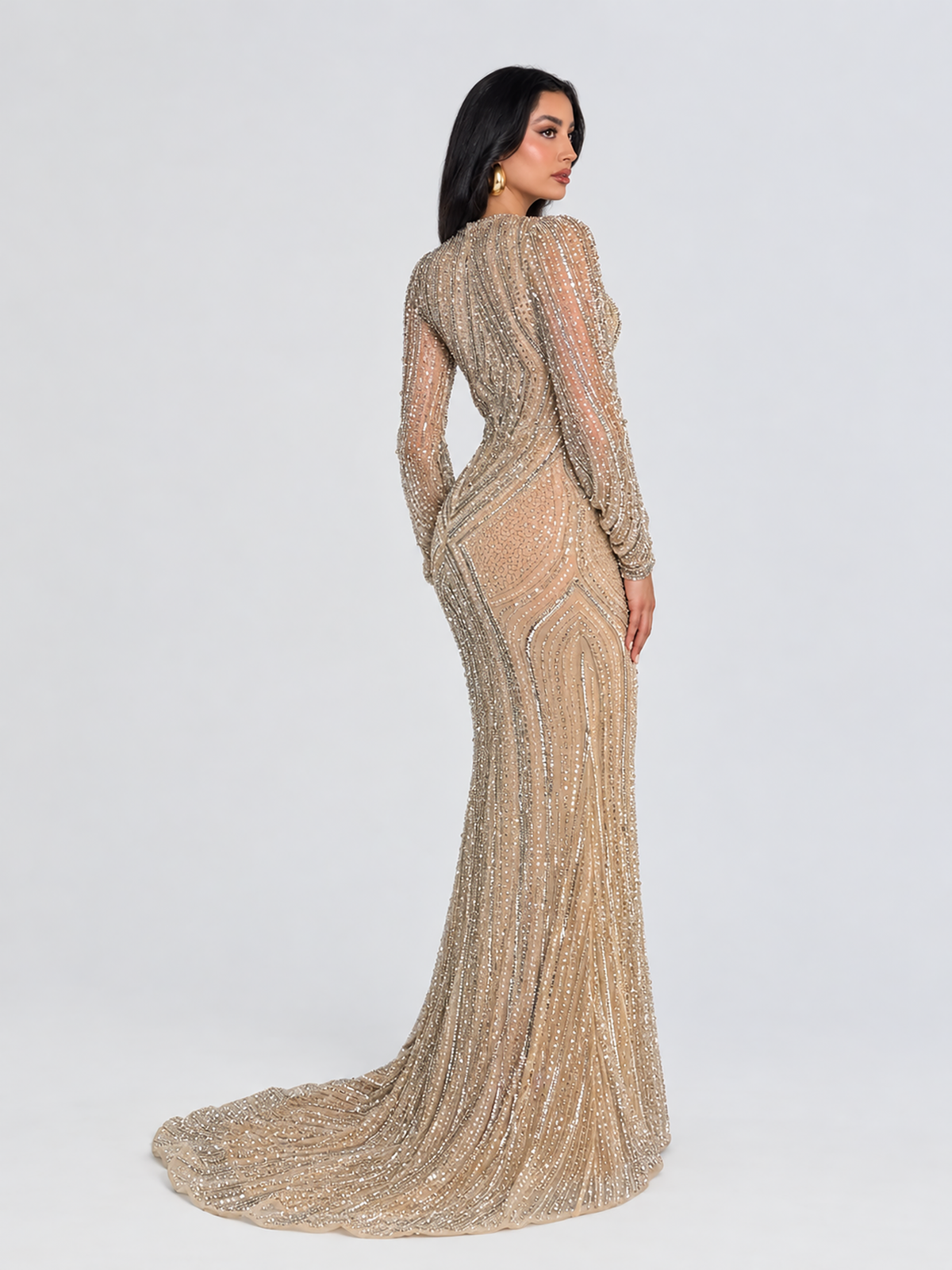 Anisa Modest Long Flare Wrist Sleeve Beaded Mermaid Gown