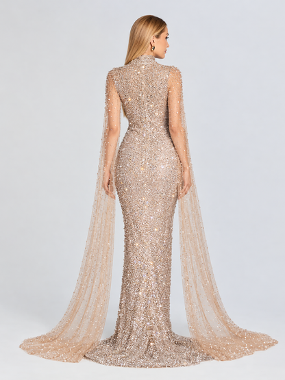 Ava Long Cape Sleeve Beaded Dress
