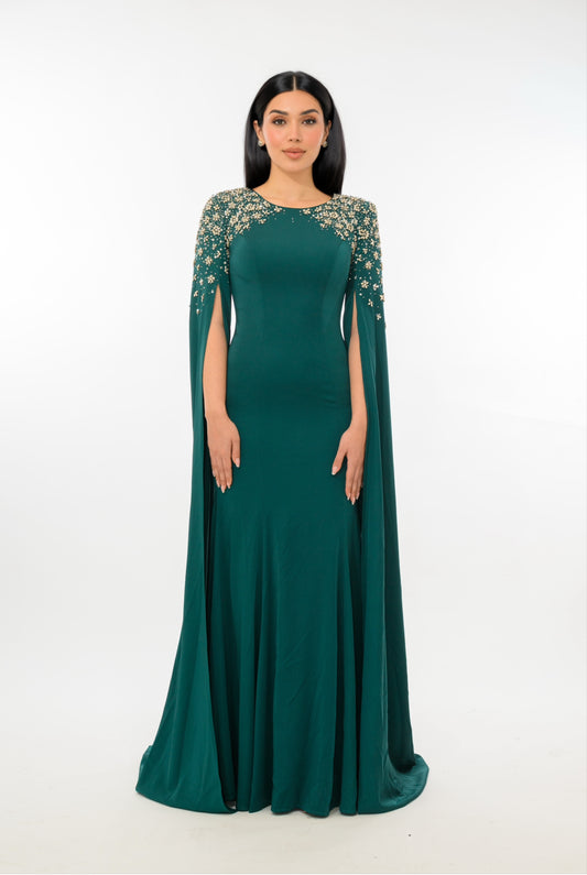 The Reenah Drape crepe sleeve with flower design Evening Gown
