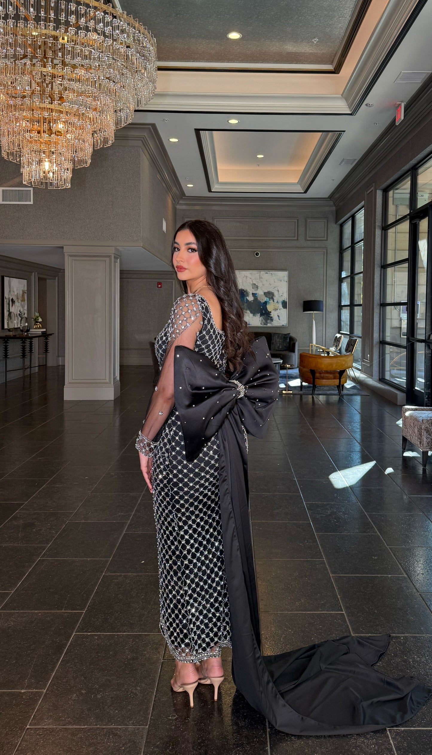 The Zaniah Crystal Lattice Evening Gown with a Stunning Large Detachable Bow