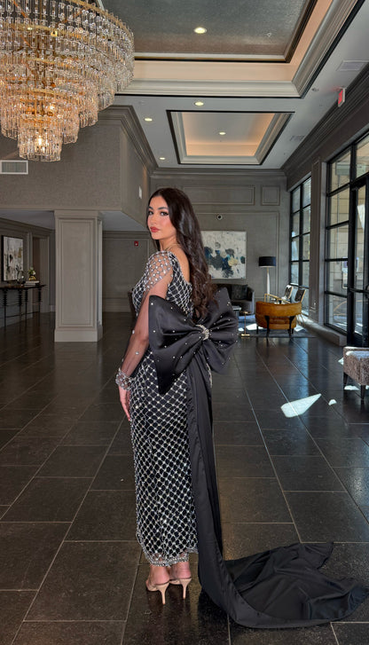 The Zaniah Crystal Lattice Evening Gown with a Stunning Large Detachable Bow