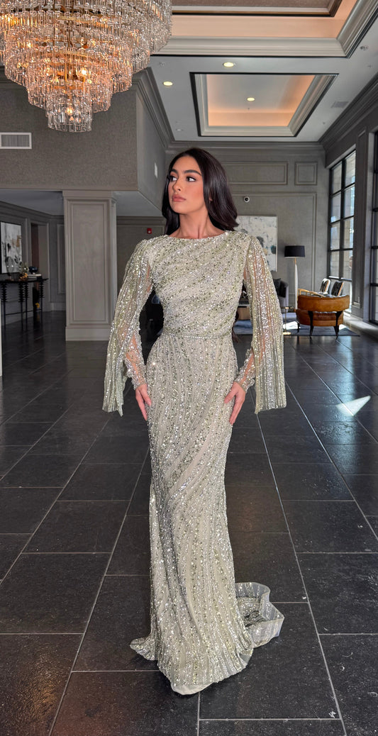 Zahra Sequin Modest Neckline Long Sleeve Embellished Dress