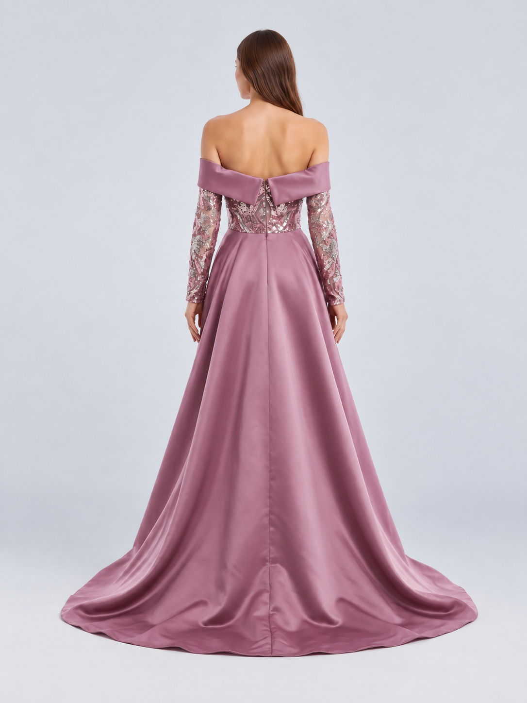 Deeba Shimmering Patterned Sequin Off-the-Shoulder Sash Evening Gown