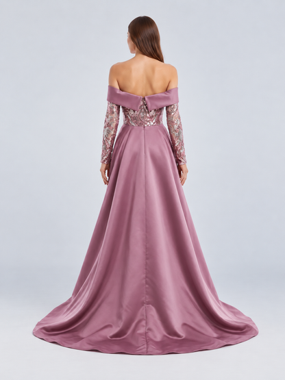 Deeba Shimmering Patterned Sequin Off-the-Shoulder Sash Evening Gown