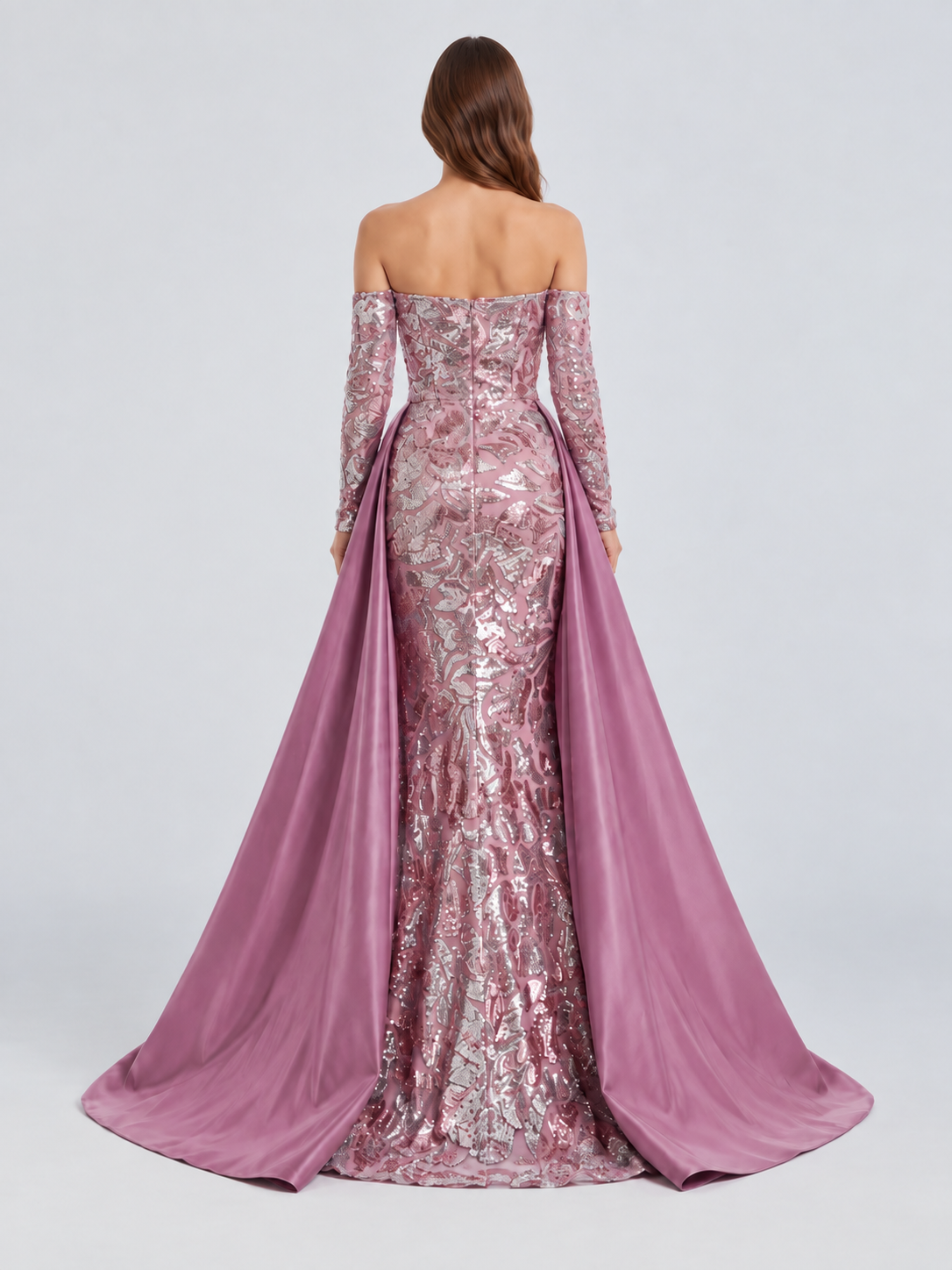 Deeba Shimmering Patterned Sequin Off-the-Shoulder Evening Gown