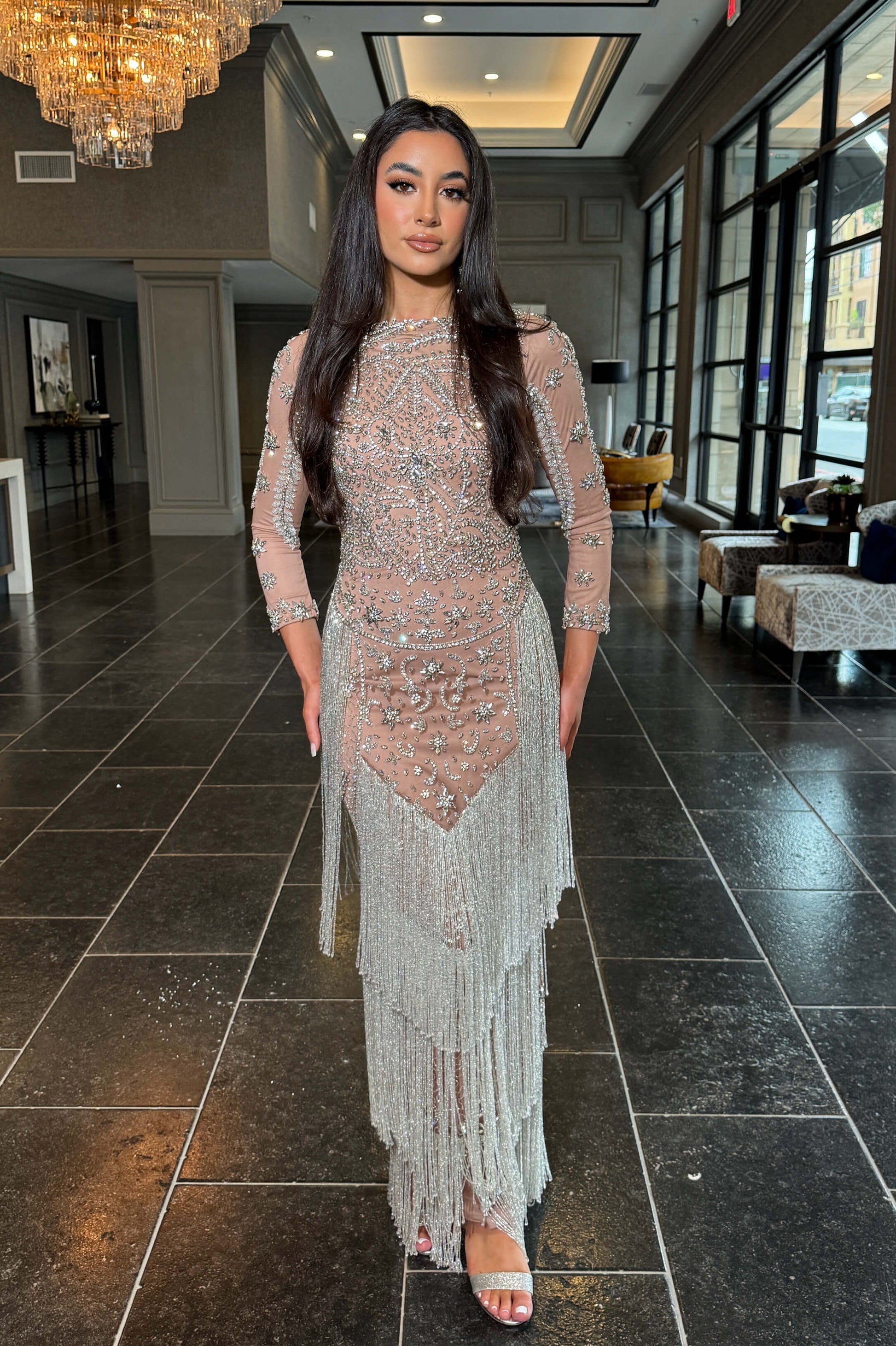 Dalia Long Sleeve Beaded Sequin Modest Tassel Gown | Modest Evening Wear by Iyza Belaar Dalia Long Sleeve Beaded Sequin Modest Tassel Gown | Modest Evening Wear by Iyza Belaar