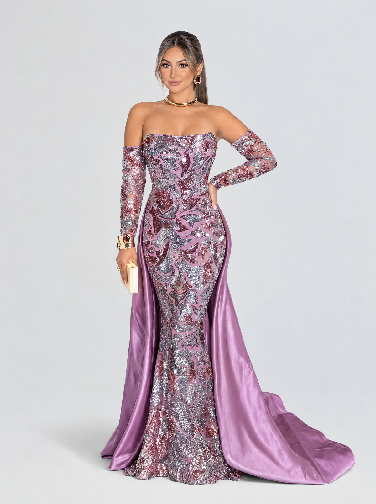 Deeba Shimmering Patterned Sequin Off-the-Shoulder Evening Gown