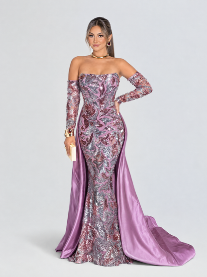 Deeba Shimmering Patterned Sequin Off-the-Shoulder Evening Gown