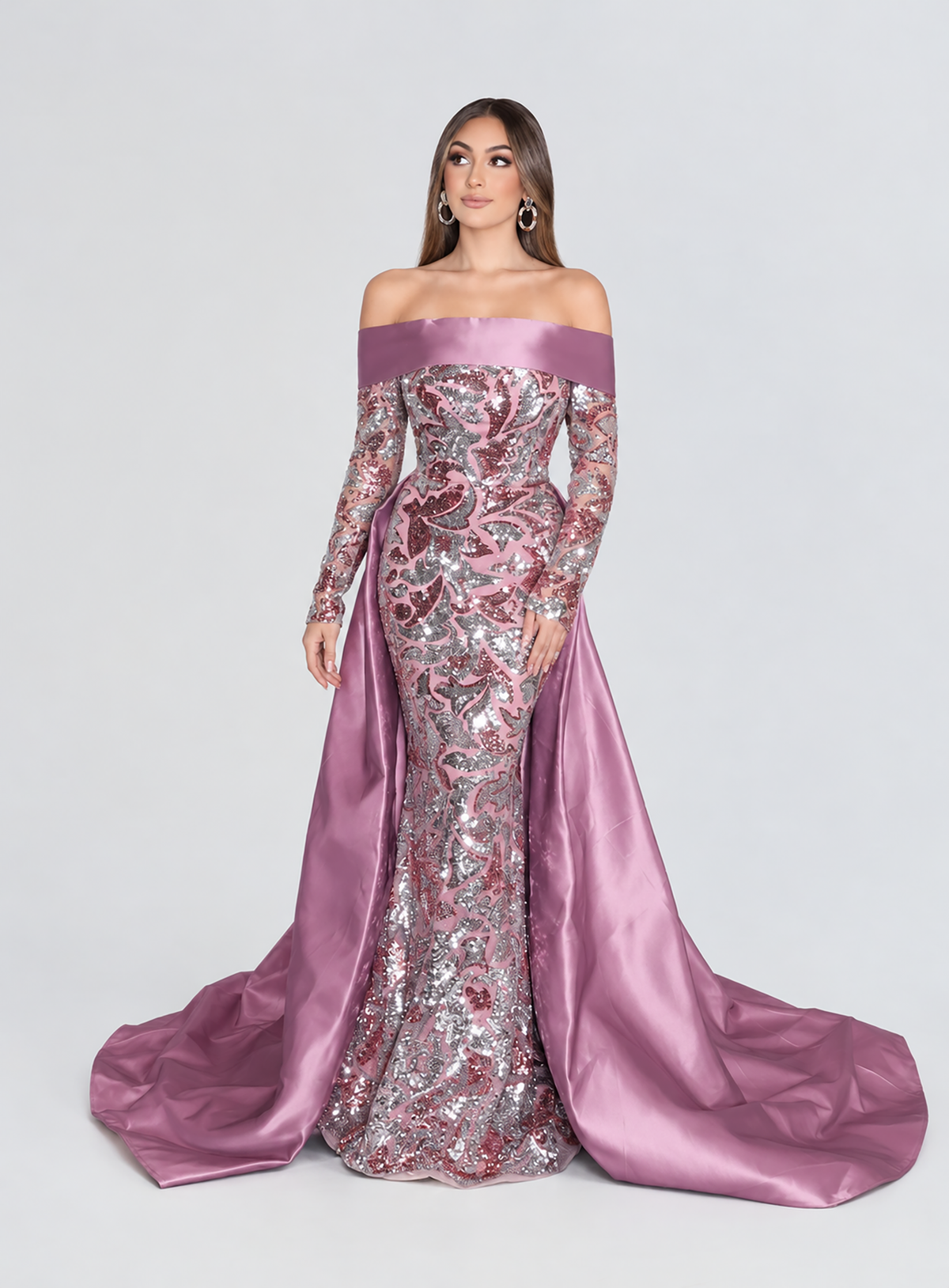 Deeba Shimmering Patterned Sequin Off-the-Shoulder Sash Evening Gown