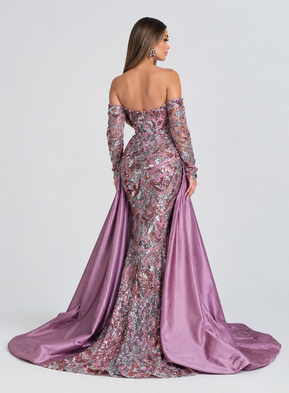 Deeba Shimmering Patterned Sequin Off-the-Shoulder Evening Gown