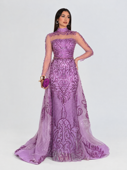 Deema High Neckline Tulle Embroidered Dress