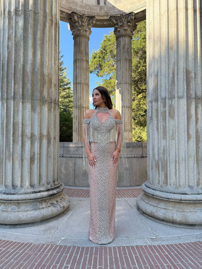 The Amna off Soulder Chocker crystal Tassel Gown