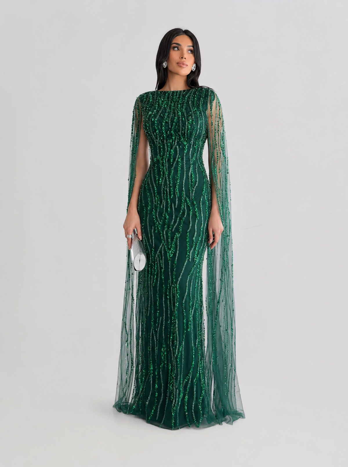 Faramah Drape Sleeves Embellished Fitted Sequin Modest Evening Dress